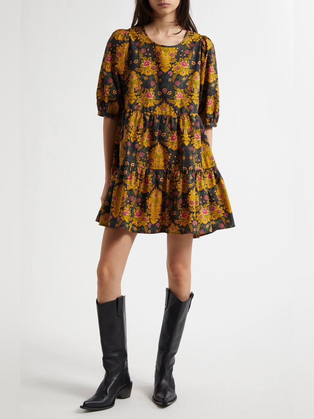 FARM Rio Arabesque Floral Puff Sleeve Cotton Mini Dress Medium